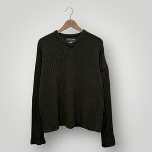 Abercrombie Fitch Mens Green Ribbed V Neck Long Sleeve‎ Sweater L